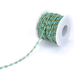 Turquoise Beaded Gold Wire Wrapped Rosary Chain, 14K Gold Tube Beaded Link Chain, Handmade Glass Beaded Chain for necklace,Gift 3x5mm, CH019