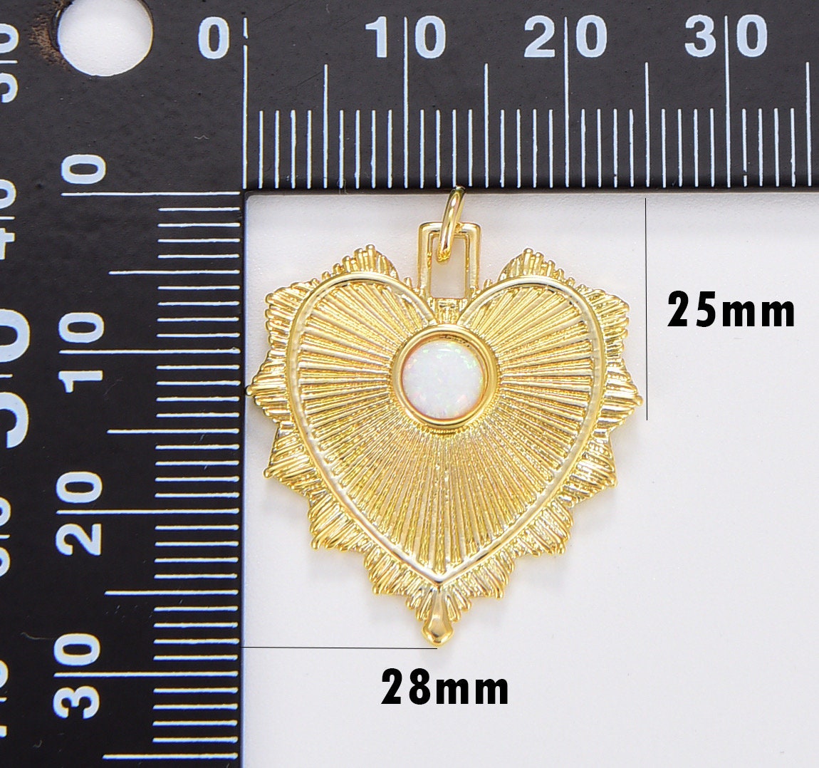 White Opal Heart Charm, Gold Sunburst Heart Pendant, Love