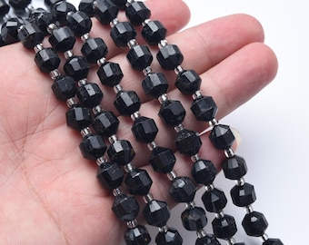 Perles rondes à facettes en tourmaline noire naturelle pour la fabrication de bijoux DIY, perle taillée dans le prisme, perles en vrac de pierres précieuses, cristaux de protection, GRN603