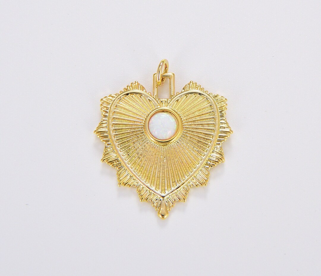 White Opal Heart Charm, Gold Sunburst Heart Pendant, Love