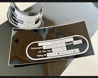 Type plate sticker – replacement plate, engravable, customizable – compatible with various vehicles (reproduction, not an original part)