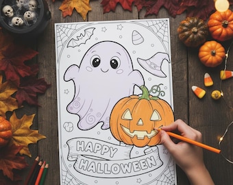 May include: A Halloween-themed coloring page featuring a smiling ghost, jack-o'-lantern, and the words "Happy Halloween." The image is being colored with an orange pencil. Decorative pumpkins, candy corn, and fall leaves surround the page.