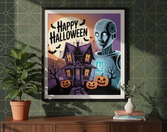 Utskrivbar väggkonst med vintage Halloween – Digital nedladdning av retro läskig pumpa-affisch