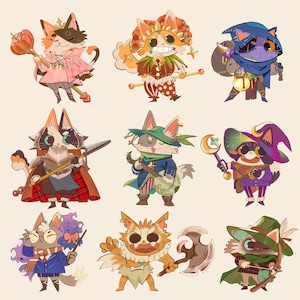 RPG Cat Sticker Bundle – Chibi Fantasy Class Cats, DND-klistermärken