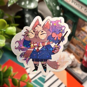 Sticker imperméable en vinyle chat l'élémentaliste, espace personnel pour ordinateur portable, sticker planificateur de journal kawaii pour les amoureux de la fantaisie introvertie et des chats