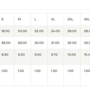 Op de afbeelding: Een maattabel met afmetingen in inches voor XS tot 5XL. De tabel bevat breedte, lengte, mouwlengte en maattolerantie. De tabel is gelabeld met "Imperial" en "Metric".