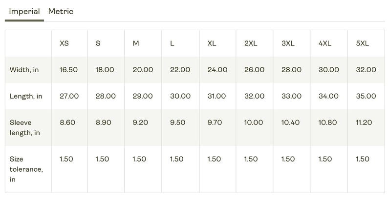 Op de afbeelding: Een maattabel met afmetingen in inches voor XS tot 5XL. De tabel bevat breedte, lengte, mouwlengte en maattolerantie. De tabel is gelabeld met "Imperial" en "Metric".