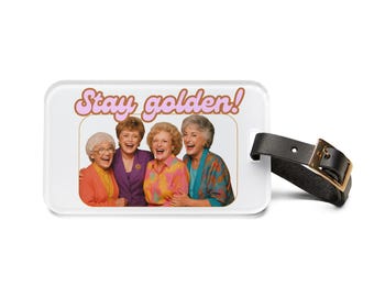 Golden Girls-bagagelabel: acryl reislabel met leren band
