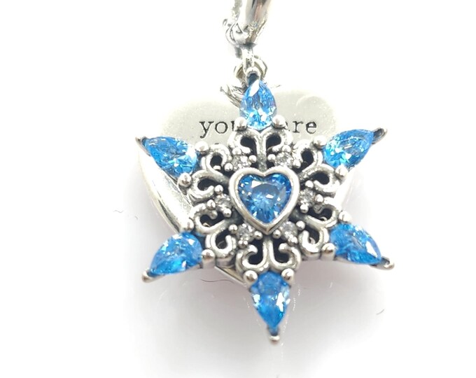 Sterling Silver Blue Snowflake Heart Charm For  Bracelet engraved with you are braver than you believe