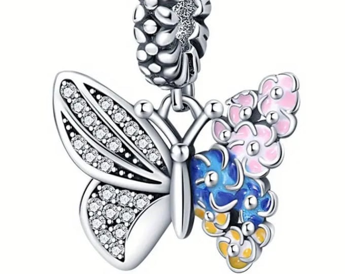 Sterling Silver Butterfly Charm: Crystal & Flower Accent