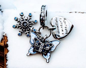 Sterling Silver Snowflake, Heart, Butterfly Charm for  Bracelet