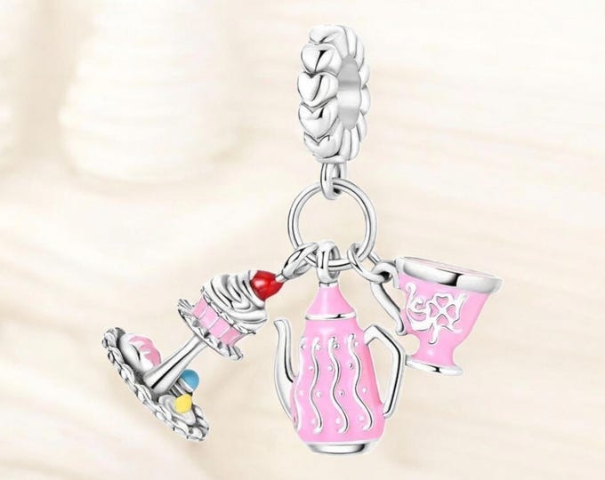 Sterling Silver Tea Party Charm, Fits Pandora Bracelet, Gift for Her, Sterling Silver Jewelry, Afternoon Tea, Gift for Girl, Tea Party, 3-1
