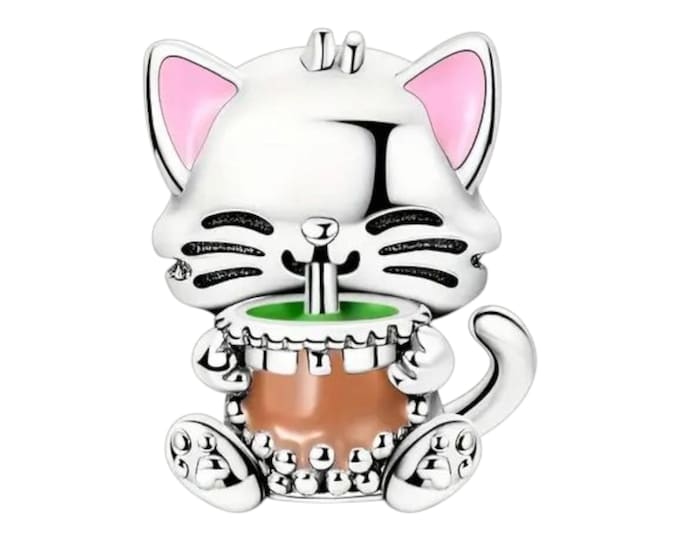 Sterling Silver Cat Charm, Silver Slider Charm, Gift for Her, Fits Pandora Bracelets, Pet Charm, Cat Lady Gift, Boba Tea, Cat Boba