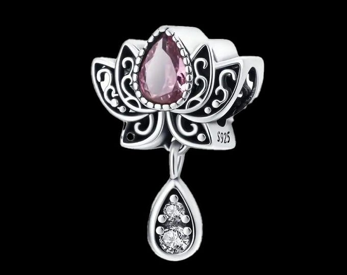 Sterling Silver Flower Charm, Flower Charm, Fits Pandora Bracelet, Lotus Flower, Gift for Her, Charm Bracelet, Pink Flower Charm