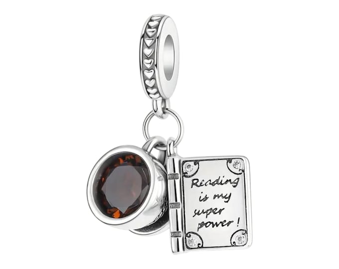 Sterling Silver Reading is My Super Power Charm, Fits Pandora, Coffee Charm