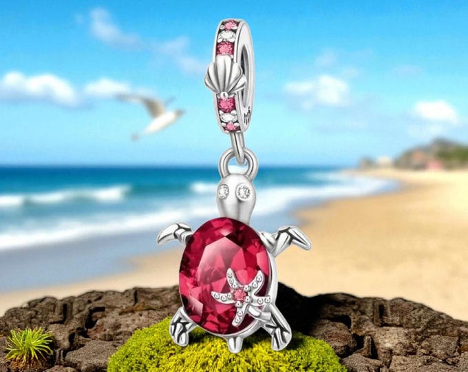 Sterling Silver Red Turtle Pendant for Pandora Bracelet, Turtle Charm, Gift for her, Fits Pandora, Red Charm, January, Birthstone Necklace