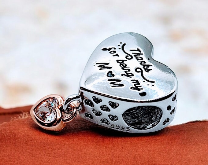 Sterling Silver Two Toned Mom Heart Charm for  Bracelet, Mom Charm, Mother's Day, Fits Pandora