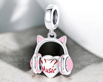 Sterling Silver Cat Headphones, Fits Pandora Bracelet, DJ Gift, Music Gift, Cat gift
