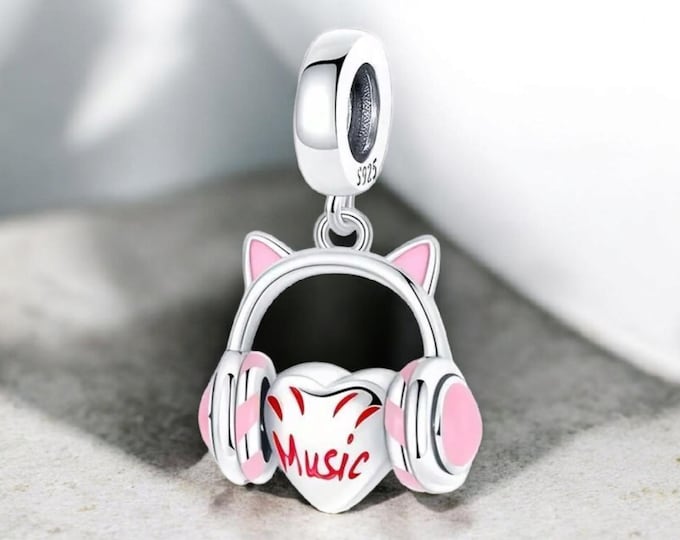 Sterling Silver Cat Headphones, Fits Pandora Bracelet, DJ Gift, Music Gift, Cat gift