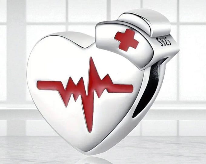 Sterling Silver Nurse Heartbeat Charm: Red Cross Medical Bead