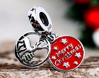 Sterling Silver Christmas Charm, Christmas Charm, Fits Pandora, Christmas Necklace, Reindeer Charm