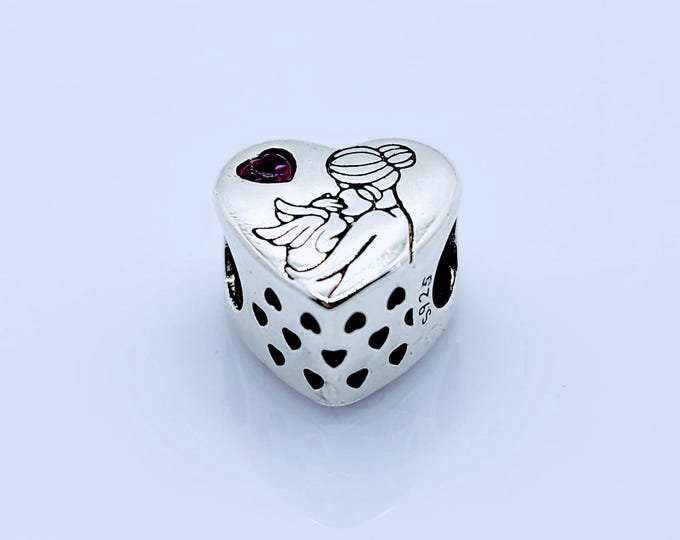 Sterling Silver Mom and Baby Angel Charm, Fits Pandora, Slider Charm, Heart Jewelry