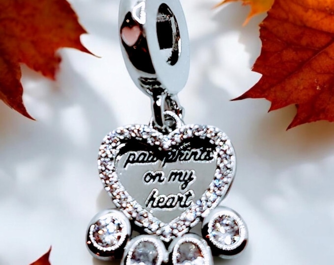 Sterling Silver Paw Prints on My Heart Pendant: Crystal Animal Charm