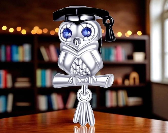 Sterling Silver Owl, Slider Charm, Graduation Charm, Silver Bead, Graduation Charm