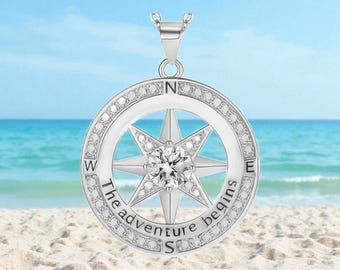 Compass Necklace Sterling Silver - Adventure Begins Pendant, Graduation Gift, Travel Jewelry, North Star Charm