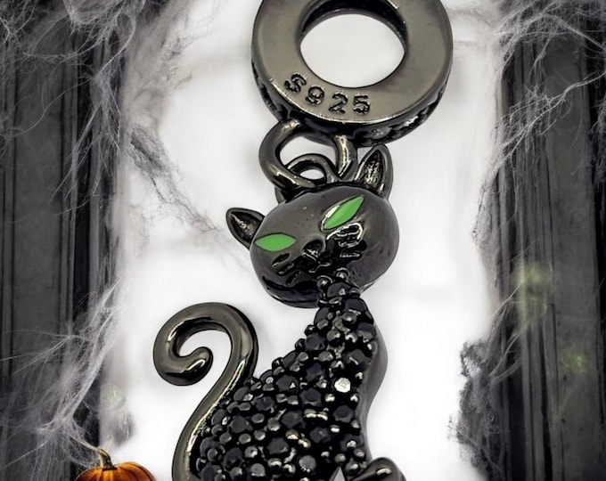 Sterling Silver Black Cat Charm: Crystal Accent, Fits Pandora