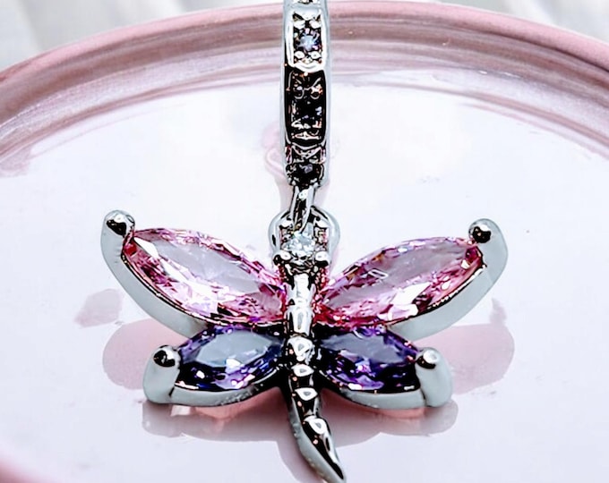 Sterling Silver Purple & Pink Dragonfly Charm for  Bracelet