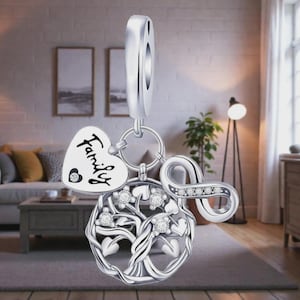 May include: A silver charm pendant featuring a heart with the word "Family", a tree of life design, and an infinity symbol. The tree and infinity symbol are adorned with clear gemstones. The charm is suspended from a silver loop.