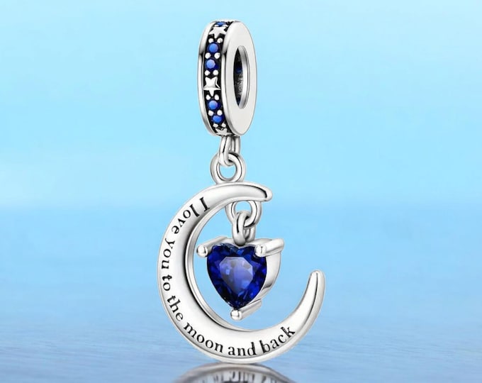 Sterling Silver Moon Charm: Blue Heart, Fits Pandora