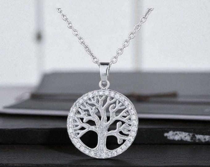 Tree of Life Necklace - Sterling Silver Family Tree Pendant with Crystals, Gift for Her
