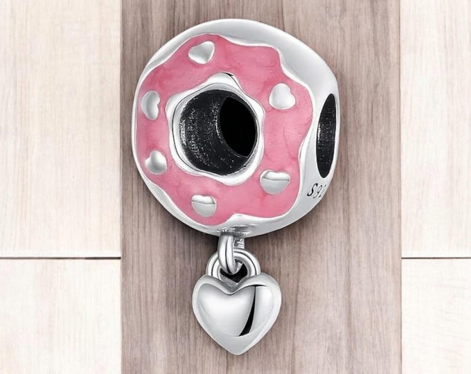Sterling Silver Donut Charm: Pink Enamel, Heart Sprinkles