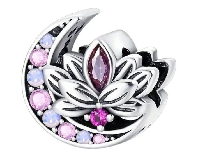 Sterling Silver Flower Charm, Flower Charm, Fits Pandora Bracelet, Lotus, Gift for Her, Charm Bracelet, Pink Flower Charm, Slider Charm