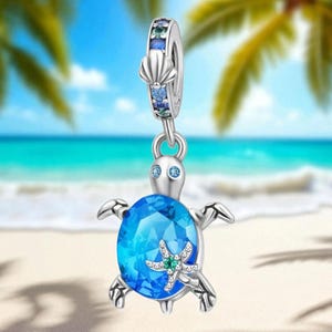 Sterling Silver Blue Turtle Charm, Starfish Accent, Beach Jewelry