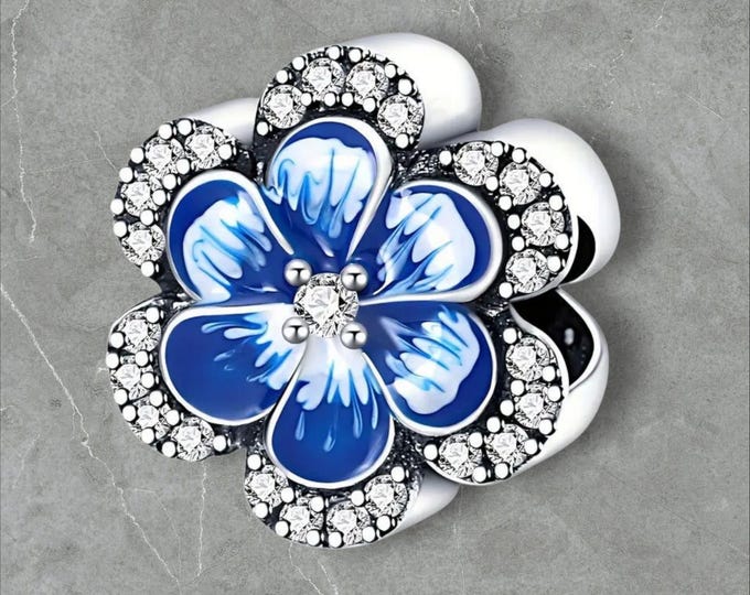 Sterling Silver Flower Charm, Sterling Silver Charm, Gift for Her, Blue Flower, Fits Pandora Bracelet, Pendant, Flower Charm