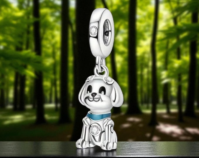 Sterling Silver Robot Dog Charm: Blue Collar Crystal, Pandora Compatible