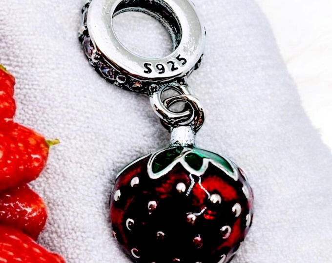 Sterling Silver Strawberry Charm, Fits Pandora, Gift for Her, Summer, Summer Gift, Gardener Present, Strawberry Charm, Strawberry Necklace