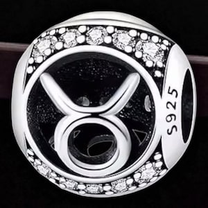 May include: A silver charm with the Taurus zodiac symbol. The charm is round, with a black background and a silver Taurus symbol in the center. The charm is encrusted with small, clear crystals around the edge and has the marking "S925".