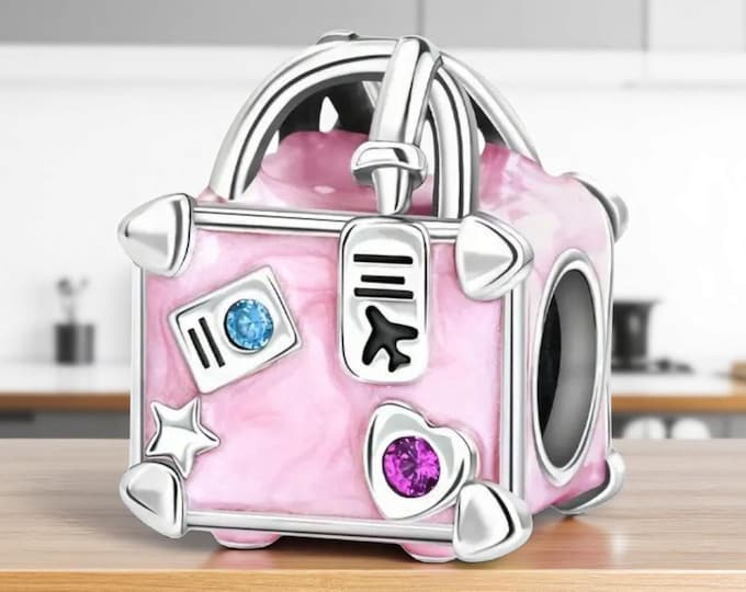 Sterling Silver Travel Charm, Fits Pandora Bracelet, Travel Gifts, Suitcase Charm, Pink Suitcase, Travel Pendant, Gift for Traveler