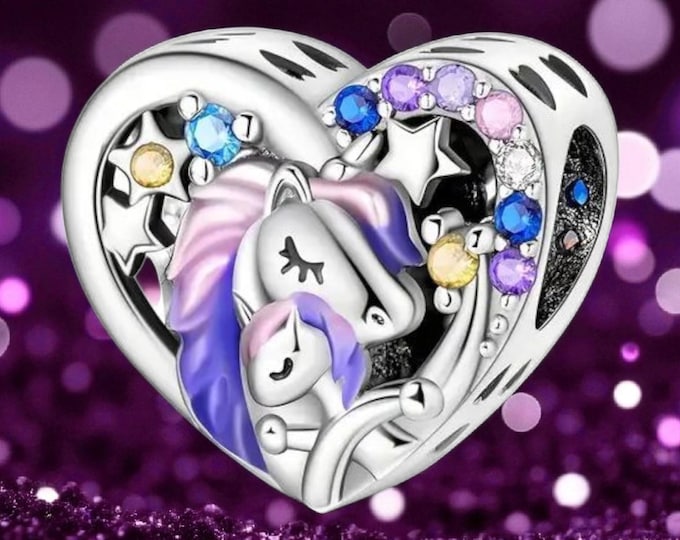 Sterling Silver Unicorn Charm: Mother & Baby, Crystal Heart - Pandora Compatible