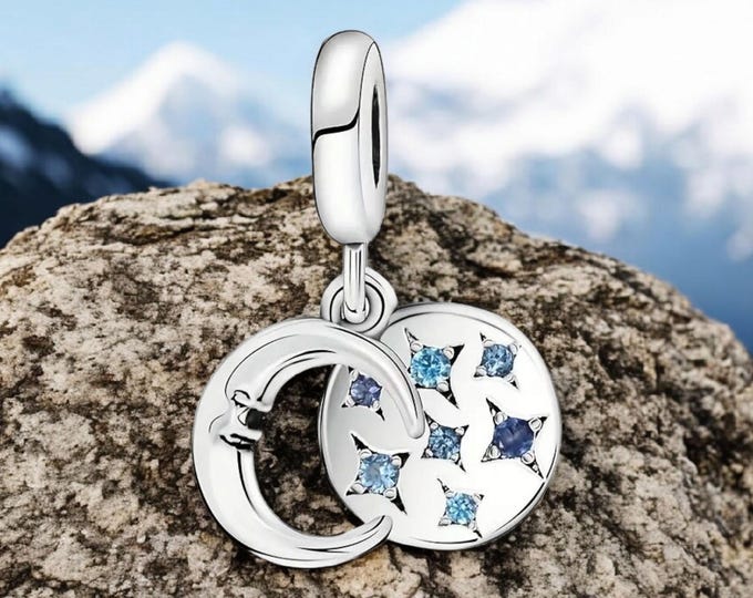 Sterling Silver Charm, Fits Pandora Bracelet, Celestial Gift, Gift for Her, Christmas Present, Moon and Stars, Blue and Silver, Gift for Mom