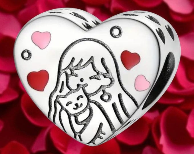 Sterling Silver Girl and Cat Heart Charm - Enamel Accents - Fits Pandora
