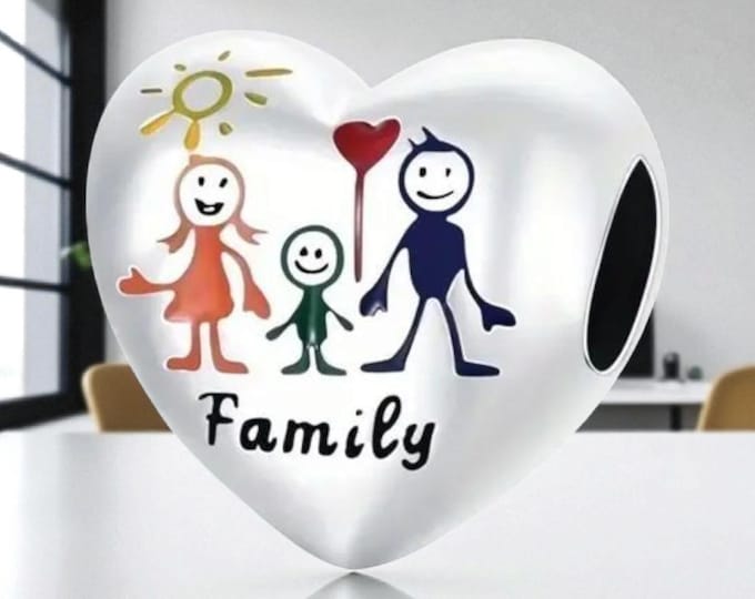 Sterling Silver Family Charm, Silver Slider Charm, Gift for Her, Fits Pandora Bracelets, Heart Charm