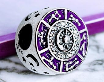 Sterling Silver Purple Zodiac Constellation Charm, Fits Pandora, Slider Charm, Zodiac charm, Silver Charm