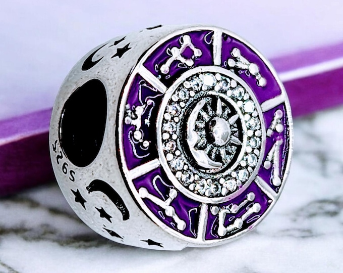 Sterling Silver Purple Zodiac Constellation Charm, Fits Pandora, Slider Charm, Zodiac charm, Silver Charm