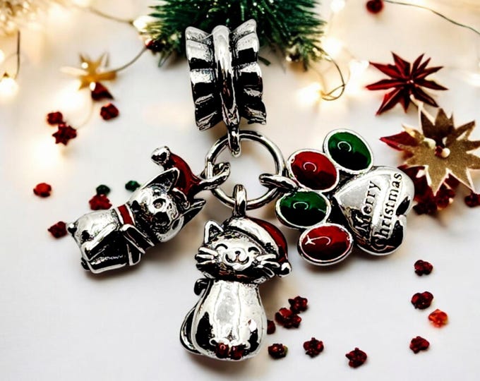 Sterling Silver Charm, Cat Charm, Fits Pandora Bracelet, 3 in 1, Christmas Charm, Christmas Jewelry, Paw Print Present, Christmas Gift