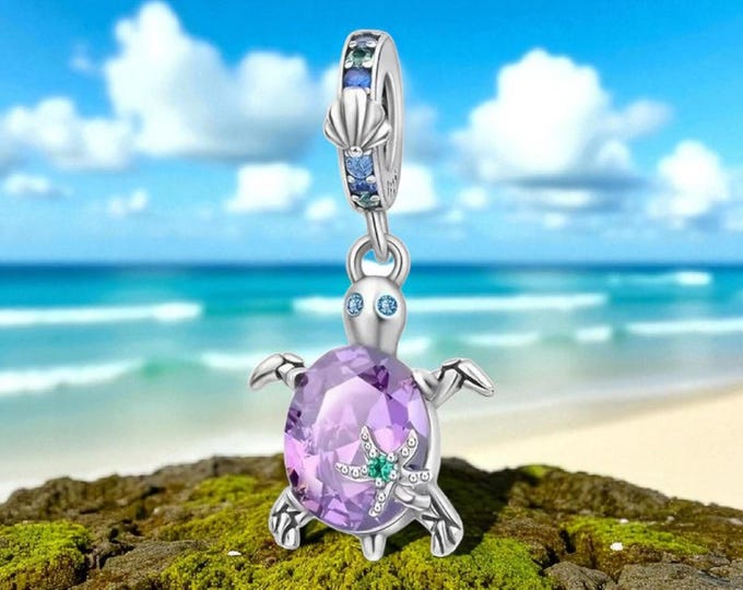 Sterling Silver Turtle Charm, Turtle Charm, Fits Pandora, Gift for her, Fits Pandora, Purple Charm, February, Birthstone Necklace